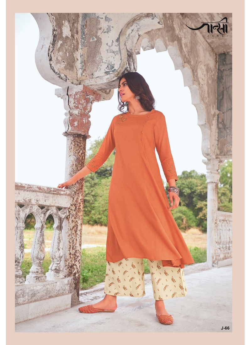 Orange Jansi Modal Khadi Long Dress With Embroidery Kurti With Bottom J-66